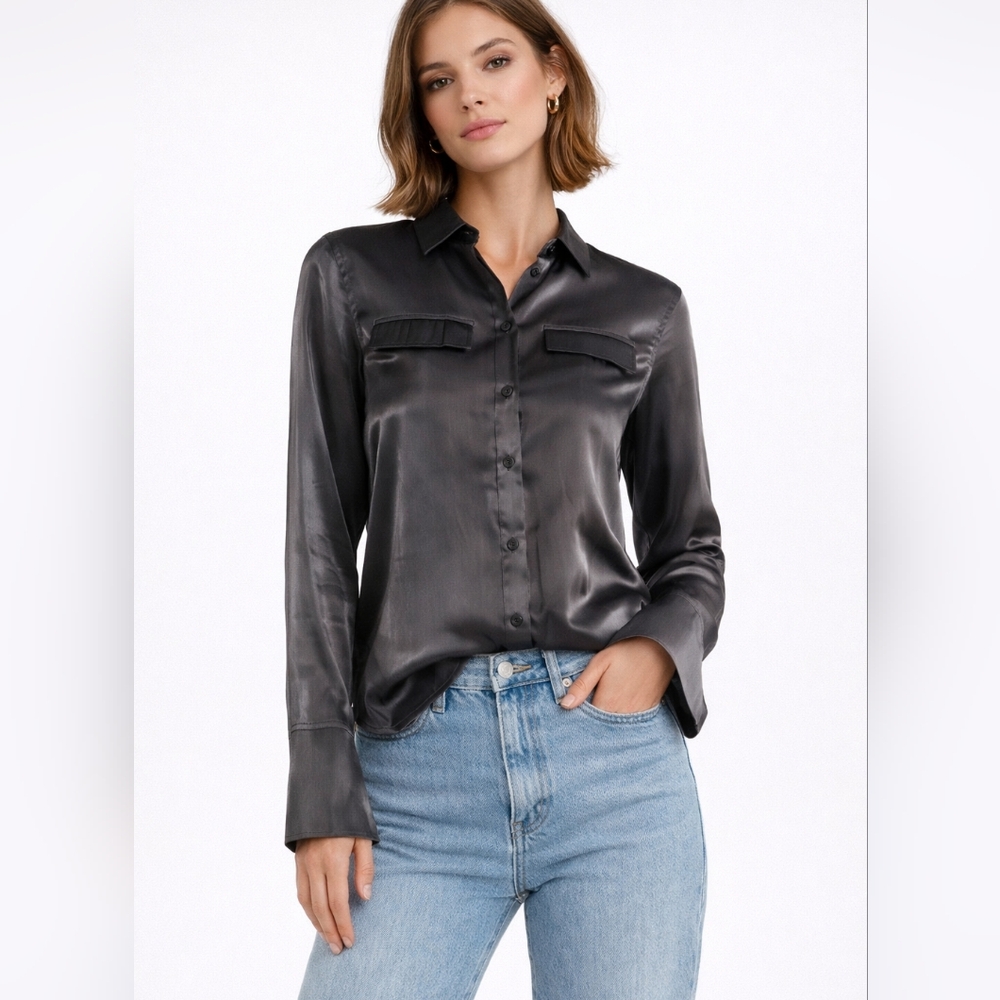 DKNY Metallic Button Up Shirt Womens XL Gray Satin Shimmer Blouse NWT